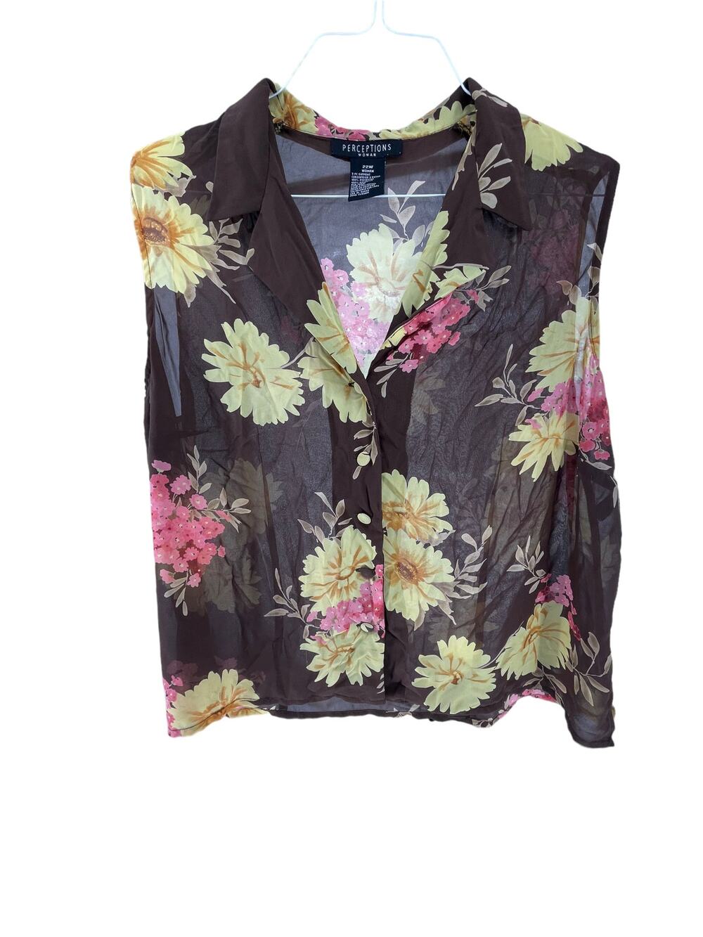 Perceptions Woman Brown Floral Sleeveless Button Down Shirt Women's Size 22W